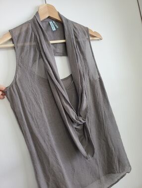 Guess Small 100% silk Sheer Top Marciano Grey Office Sleeveless shirt Cowl neck